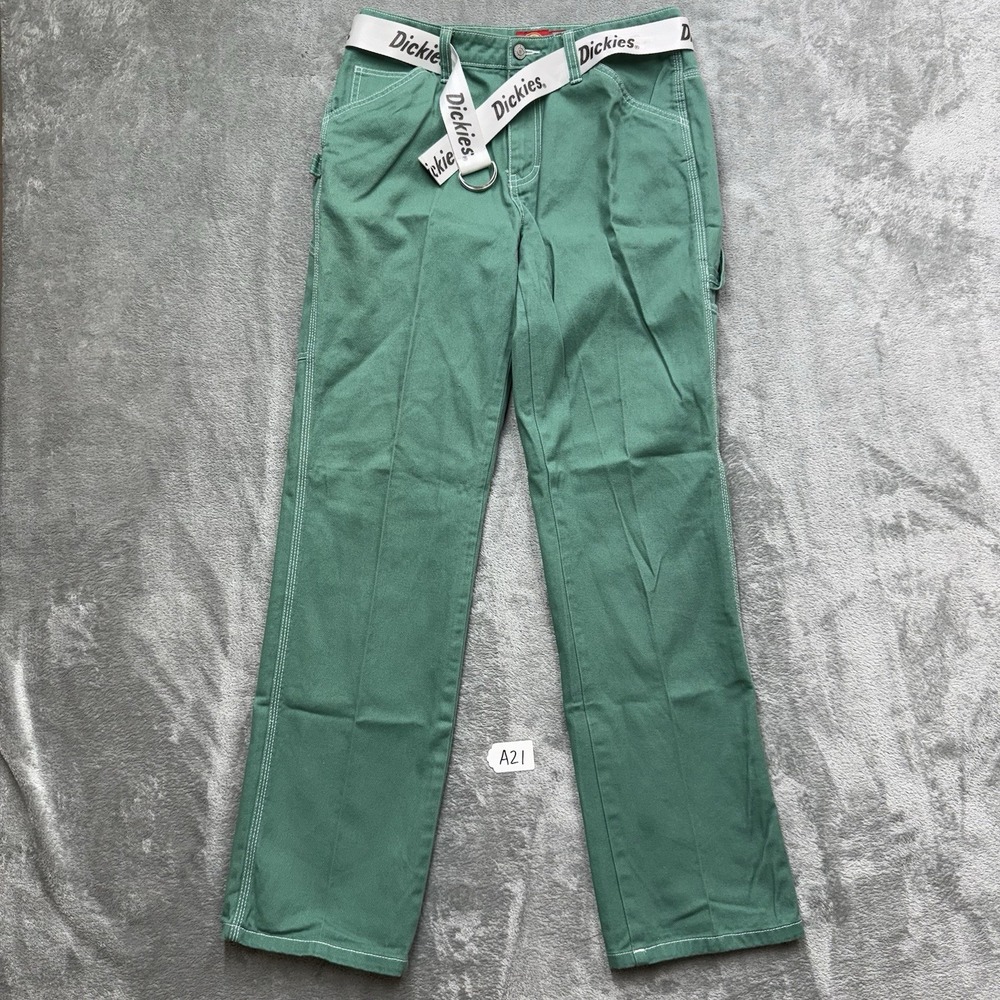 Women's green Dickies carpenter pants with a white logo belt Size 5/27